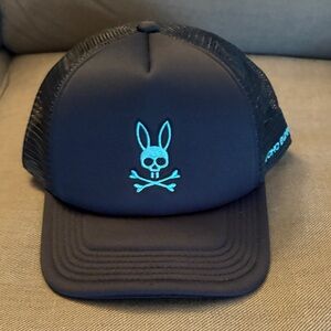 Psycho Bunny Navy Trucker SnapBack Hat with Aqua Blue Logo and Details